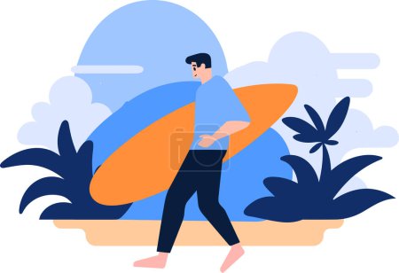 Ilustración de Personajes adolescentes turistas dibujados a mano están jugando tablas de surf en el mar en estilo plano aislado en el fondo - Imagen libre de derechos