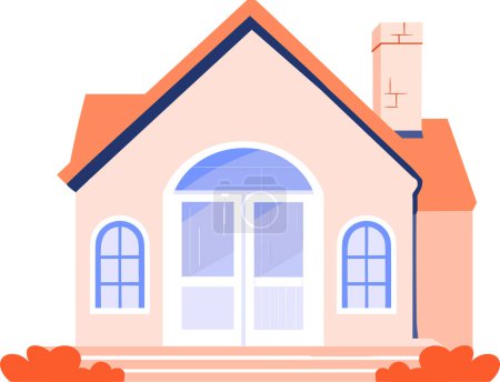 Téléchargez les illustrations : Bâtiment de maison dessinée à la main dans un style vintage dans un style plat isolé sur fond - en licence libre de droit