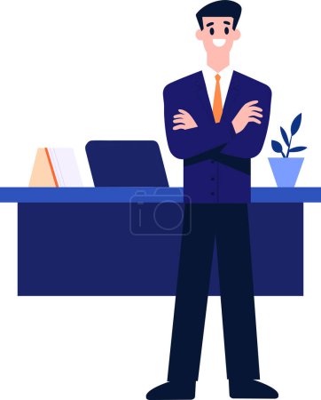 Ilustración de Personaje de empresario u oficinista dibujado a mano con computadora portátil en estilo plano aislado en el fondo - Imagen libre de derechos