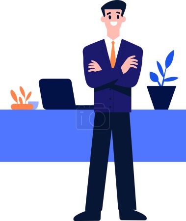 Téléchargez les illustrations : Personnage d'homme d'affaires ou d'employé de bureau dessiné à la main avec ordinateur portable dans un style plat isolé sur fond - en licence libre de droit