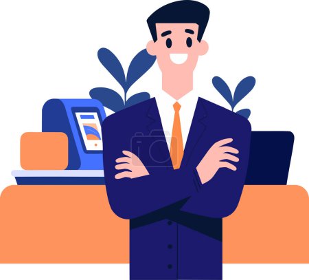 Illustration for Hand Drawn Businessman or office worker character with laptop in flat style isolated on background - Royalty Free Image