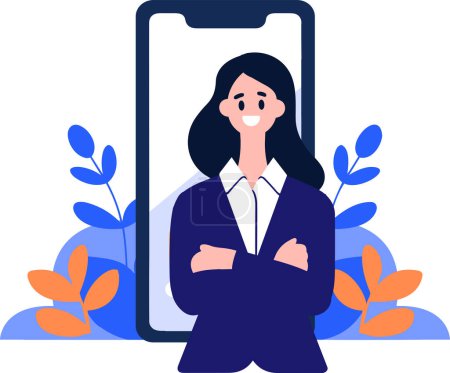 Ilustración de Mujer de negocios dibujada a mano con smartphone en concepto de negocio en línea en estilo plano aislado en el fondo - Imagen libre de derechos