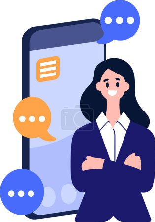 Téléchargez les illustrations : Femme d'affaires dessinée à la main avec smartphone dans le concept d'affaires en ligne dans un style plat isolé sur fond - en licence libre de droit