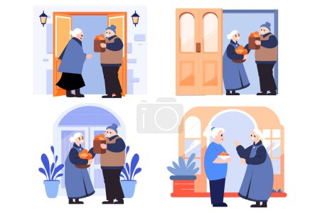 Téléchargez les illustrations : Personnes âgées dessinées à la main parlant devant la maison dans un style plat isolé sur fond - en licence libre de droit