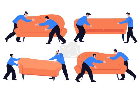 Ilustración de Dibujado a mano Un portero está moviendo un sofá para un cliente en estilo plano aislado en el fondo - Imagen libre de derechos