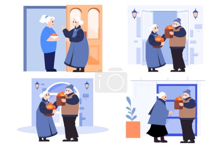Illustration for Hand Drawn Elderly people talking in front of the house in flat style isolated on background - Royalty Free Image