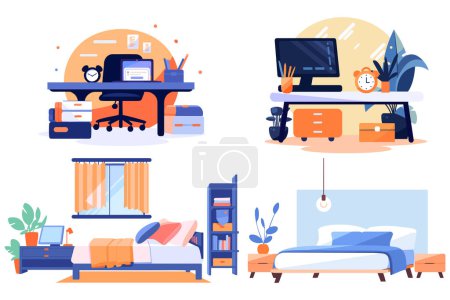 Illustration for Hand Drawn Bedroom and office furniture in flat style isolated on background - Royalty Free Image
