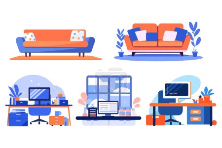 Illustration for Hand Drawn Bedroom and office furniture in flat style isolated on background - Royalty Free Image