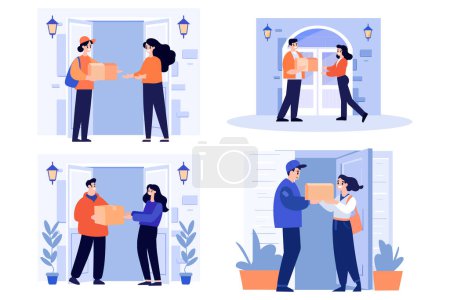 Illustration for Hand Drawn a delivery man is delivering a package to a customer in flat style isolated on background - Royalty Free Image