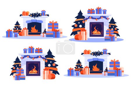 Téléchargez les illustrations : Cheminée dessinée à la main décorée pour Noël dans un style plat isolé sur fond - en licence libre de droit