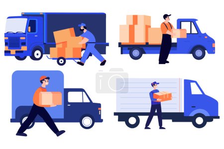 Ilustración de Repartidor dibujado a mano con camión de reparto en estilo plano aislado sobre fondo - Imagen libre de derechos