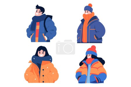 Téléchargez les illustrations : Personnages dessinés à la main avec des pulls en hiver dans un style plat isolé sur fond - en licence libre de droit