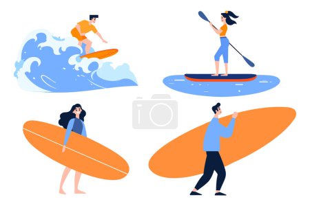 Téléchargez les illustrations : Dessiné à la main personnages adolescents touristiques jouent planches de surf à la mer dans un style plat isolé sur fond - en licence libre de droit