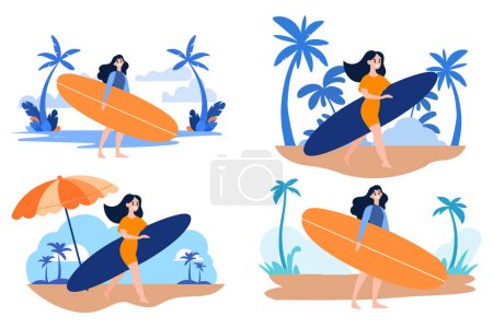 Téléchargez les illustrations : Dessiné à la main personnages adolescents touristiques jouent planches de surf à la mer dans un style plat isolé sur fond - en licence libre de droit