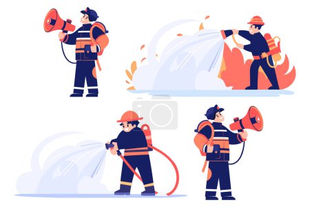 Illustration for Hand Drawn Firefighter character extinguishing fire in flat style isolated on background - Royalty Free Image
