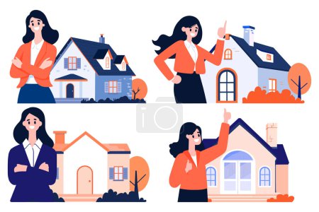Téléchargez les illustrations : Dessiné à la main caractère agent immobilier dans le style appartement isolé sur fond - en licence libre de droit