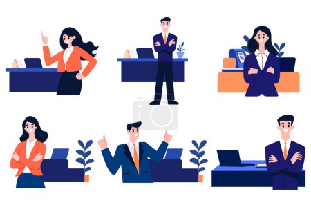 Téléchargez les illustrations : Personnage d'homme d'affaires ou d'employé de bureau dessiné à la main avec ordinateur portable dans un style plat isolé sur fond - en licence libre de droit