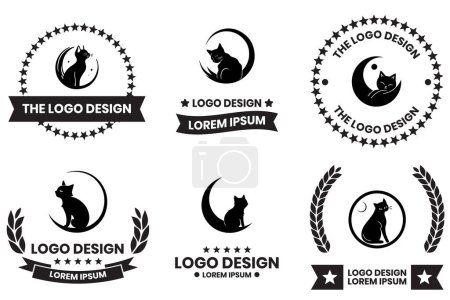 Téléchargez les illustrations : Logo chat et lune en style art ligne plate isolé sur fond - en licence libre de droit