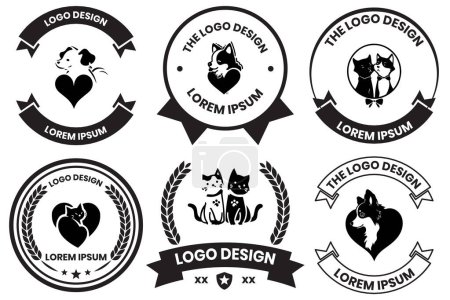 Téléchargez les illustrations : Animaux de compagnie avec le logo des coeurs dans le concept de clinique animale dans le style d'art plat isolé sur fond - en licence libre de droit