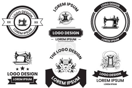 Ilustración de Logotipo de la tienda de equipos de costura y sastrería en estilo de arte de línea plana aislado sobre fondo - Imagen libre de derechos