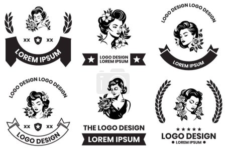 Ilustración de Logotipo de mujer con flores en estilo de arte de línea plana aislado sobre fondo - Imagen libre de derechos