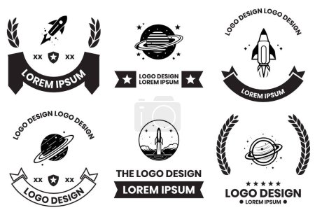 Ilustración de Logotipo de astronauta y planeta en estilo de arte de línea plana aislado en el fondo - Imagen libre de derechos