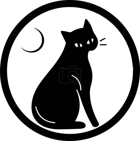 Ilustración de Logotipo de gato y luna en estilo de arte de línea plana aislado sobre fondo - Imagen libre de derechos