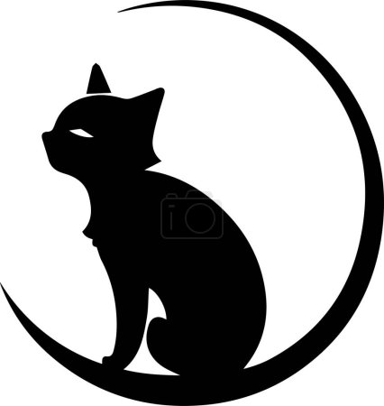 Téléchargez les illustrations : Logo chat et lune en style art ligne plate isolé sur fond - en licence libre de droit