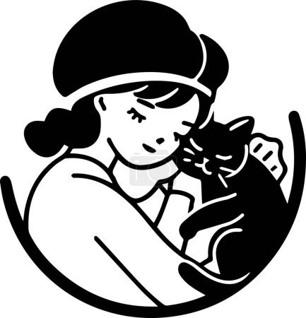 Illustration for Woman and cat logo in animal clinic concept in flat line art style isolated on background - Royalty Free Image