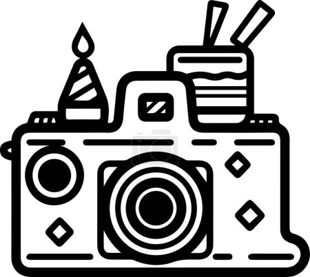 Ilustración de Cámara en el logotipo de la fiesta de cumpleaños en estilo de arte de línea plana aislado en el fondo - Imagen libre de derechos