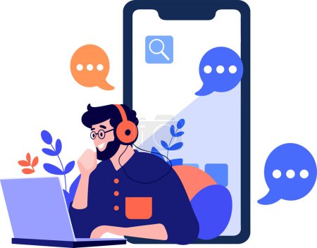 Ilustración de Personajes de Call center dibujados a mano con smartphones en el concepto de soporte en línea en estilo plano aislado sobre fondo - Imagen libre de derechos
