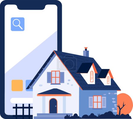 Illustration for Hand Drawn House or shop with a smartphone in the concept of real estate online in flat style isolated on background - Royalty Free Image