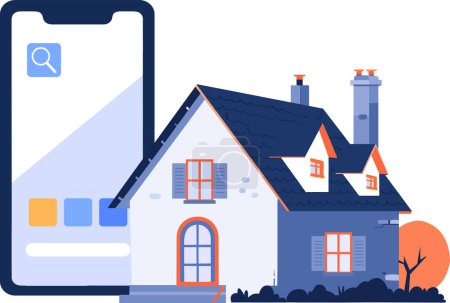Ilustración de Casa dibujada a mano o tienda con un teléfono inteligente en el concepto de bienes raíces en línea en estilo plano aislado en el fondo - Imagen libre de derechos