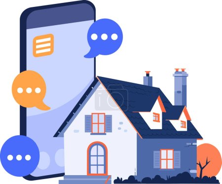 Ilustración de Casa dibujada a mano o tienda con un teléfono inteligente en el concepto de bienes raíces en línea en estilo plano aislado en el fondo - Imagen libre de derechos