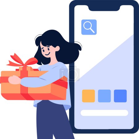 Ilustración de Personaje femenino dibujado a mano sosteniendo un regalo con teléfono inteligente en concepto de compras en línea en estilo plano aislado en el fondo - Imagen libre de derechos