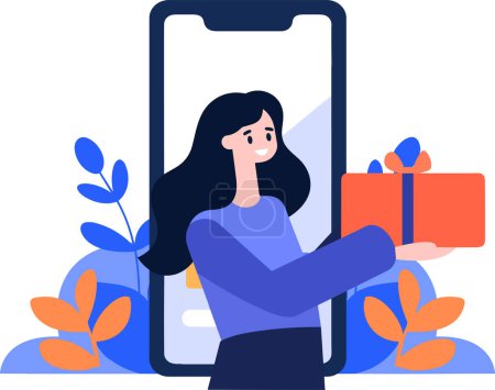 Téléchargez les photos : Dessiné à la main personnage féminin tenant un cadeau avec smartphone dans le concept de magasinage en ligne dans un style plat isolé sur fond - en image libre de droit