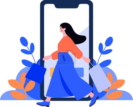 Illustration for Hand Drawn Female character holding a gift with smartphone in online shopping concept in flat style isolated on background - Royalty Free Image