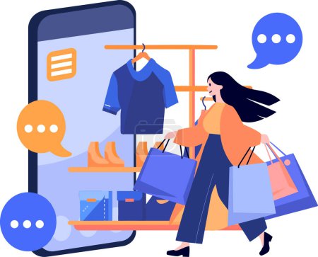 Illustration for Hand Drawn Female character holding a gift with smartphone in online shopping concept in flat style isolated on background - Royalty Free Image