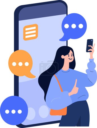 Ilustración de Personaje femenino dibujado a mano hablando con smartphone en concepto de comunicación en línea en estilo plano aislado en el fondo - Imagen libre de derechos