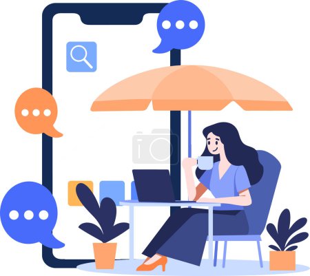 Illustration for Hand Drawn Freelance female character sitting and working online In the concept of working online in flat style isolated on background - Royalty Free Image