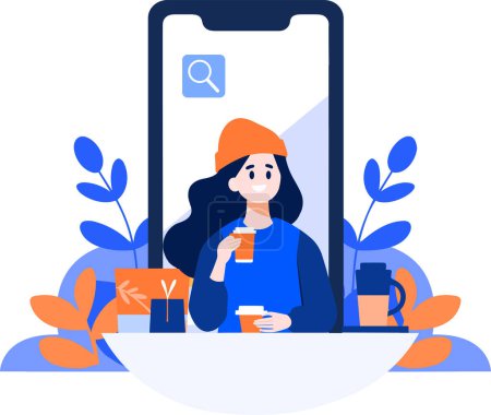Illustration for Hand Drawn Freelance female character sitting and working online In the concept of working online in flat style isolated on background - Royalty Free Image
