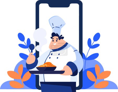 Illustration for Hand Drawn Chef character teaching cooking in the concept of teaching online cooking in flat style isolated on background - Royalty Free Image