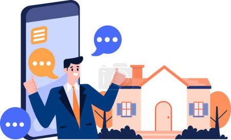 Illustration for Hand Drawn House broker character with smartphone In Concept Real Estate Online in flat style isolated on background - Royalty Free Image
