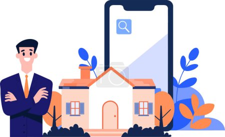 Illustration for Hand Drawn House broker character with smartphone In Concept Real Estate Online in flat style isolated on background - Royalty Free Image