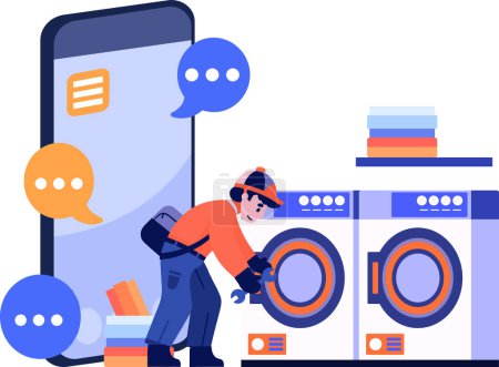 Illustration for Hand Drawn Engineer or repairman character with smartphone in online repair concept in flat style isolated on background - Royalty Free Image