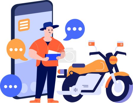Illustration for Hand Drawn Motorcycle mechanic character with smartphone In the concept of online repair technician in flat style isolated on background - Royalty Free Image