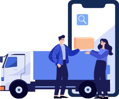 Illustration for Hand Drawn Delivery man character with truck In the concept of online delivery in flat style isolated on background - Royalty Free Image