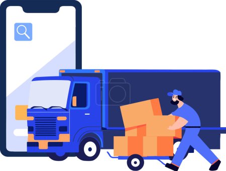 Ilustración de Personaje de hombre de entrega dibujada a mano con camión En el concepto de entrega en línea en estilo plano aislado en el fondo - Imagen libre de derechos