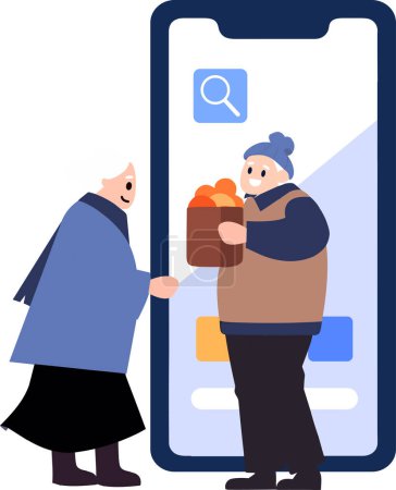 Ilustración de Personajes ancianos dibujados a mano hablan a través de teléfonos inteligentes en estilo plano aislado en el fondo - Imagen libre de derechos