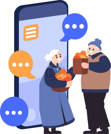 Téléchargez les illustrations : Les personnages âgés dessinés à la main parlent via des smartphones dans un style plat isolé en arrière-plan - en licence libre de droit
